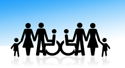 Outline of multiple stick figures with varying disabilities in front of a blue background